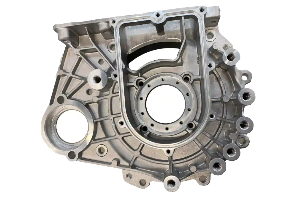 Aluminum die cast gearbox cover housing with machined bores and bolt holes