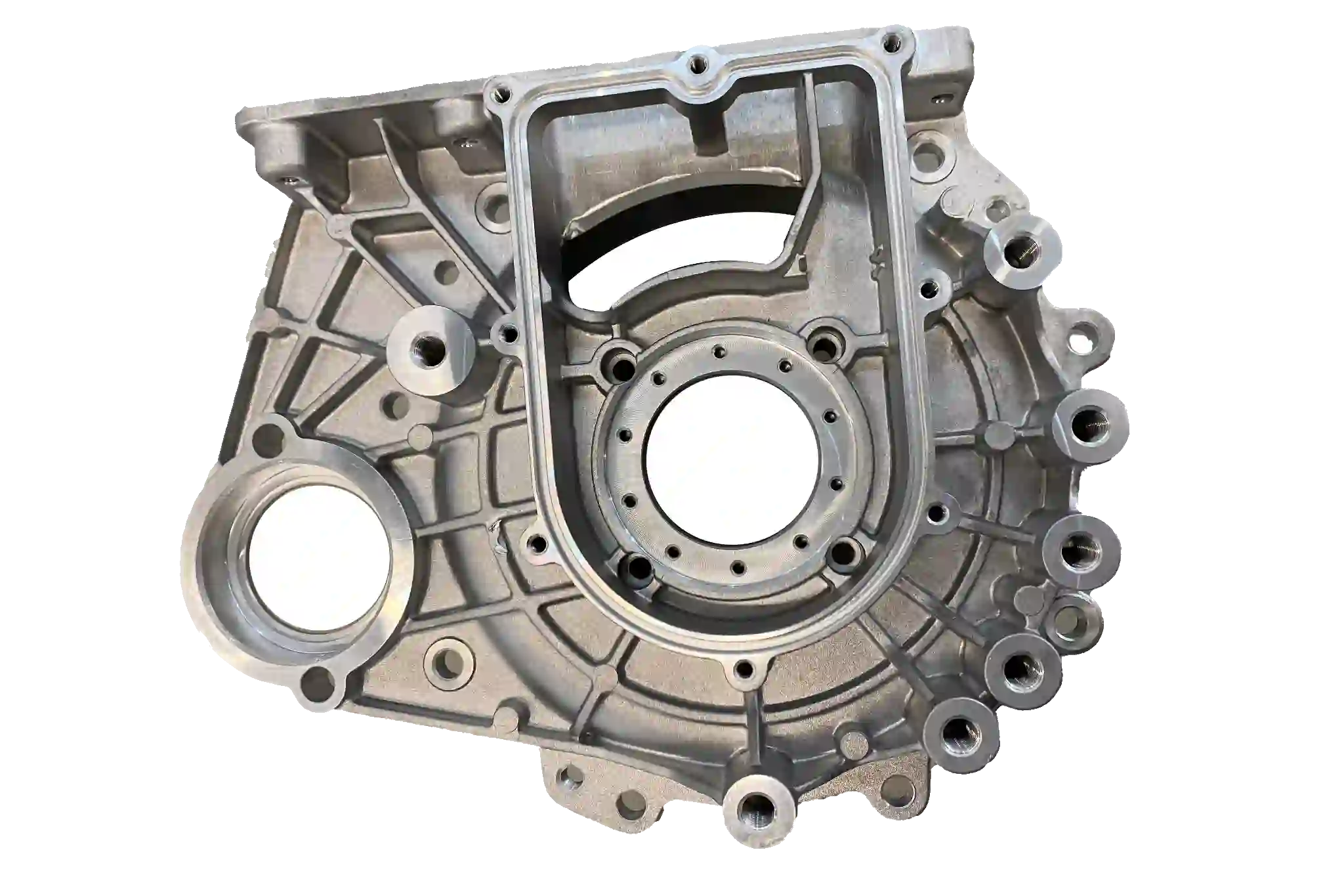 Aluminum die cast gearbox cover housing with machined bores and bolt holes