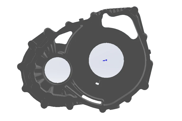 CAD view of a cast metal engine cover housing with circular openings