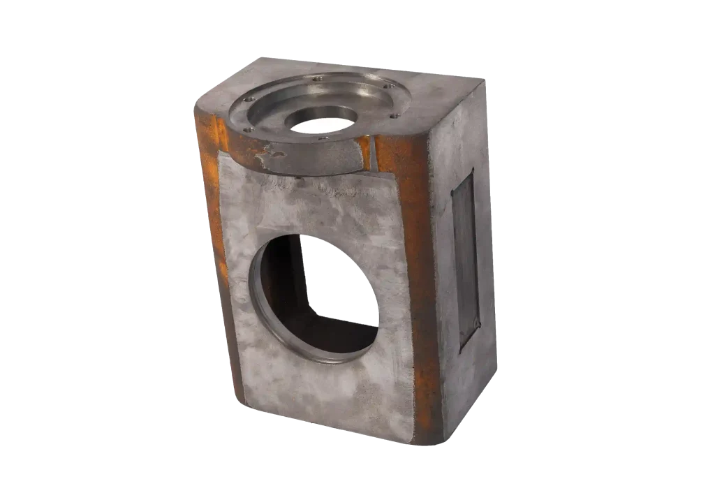 Sand cast heavy block housing with large side opening and machined top face