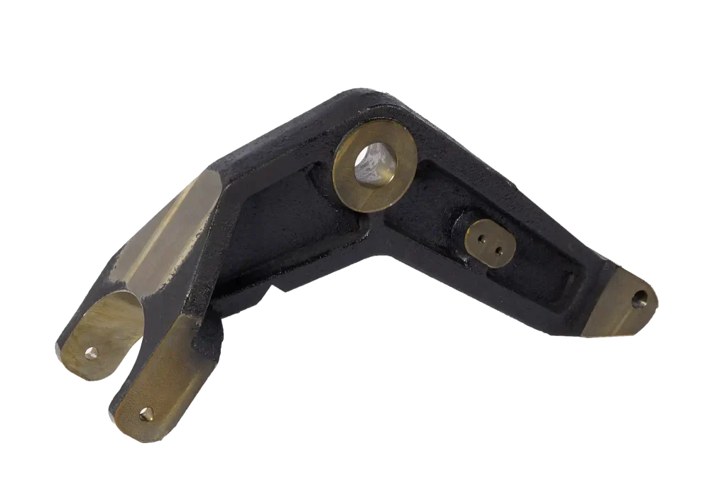 Sand cast rocker arm bracket with pivot holes and machined contact pads