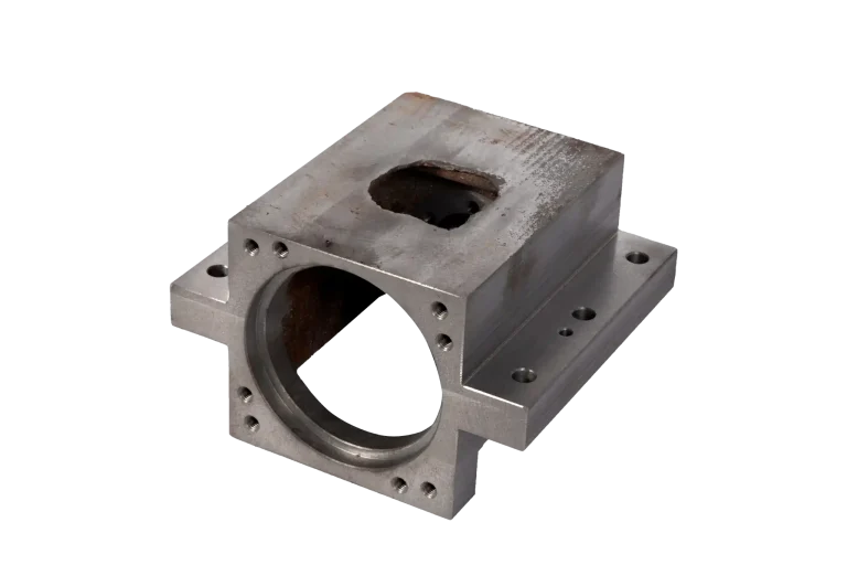 Raw sand casting housing part with machined flange and mounting holes