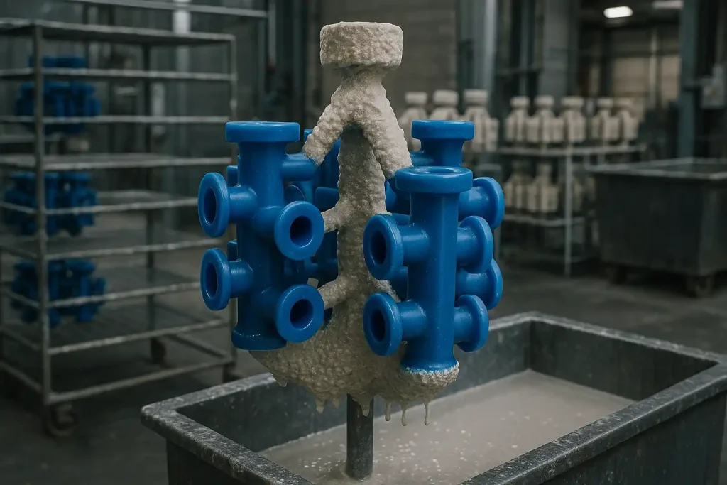 Wax tree coated with ceramic shell for steel investment casting.