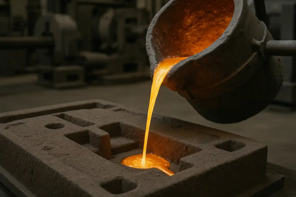 Molten steel being poured into a sand mold during sand casting.