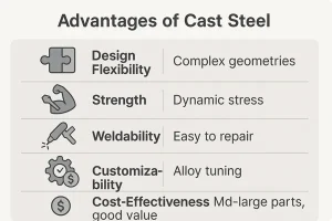 Advantages of cast steel including design flexibility, strength, weldability, customizability, and cost-effectiveness
