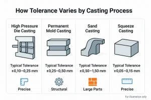 Comparison of aluminum casting processes and their typical tolerances.