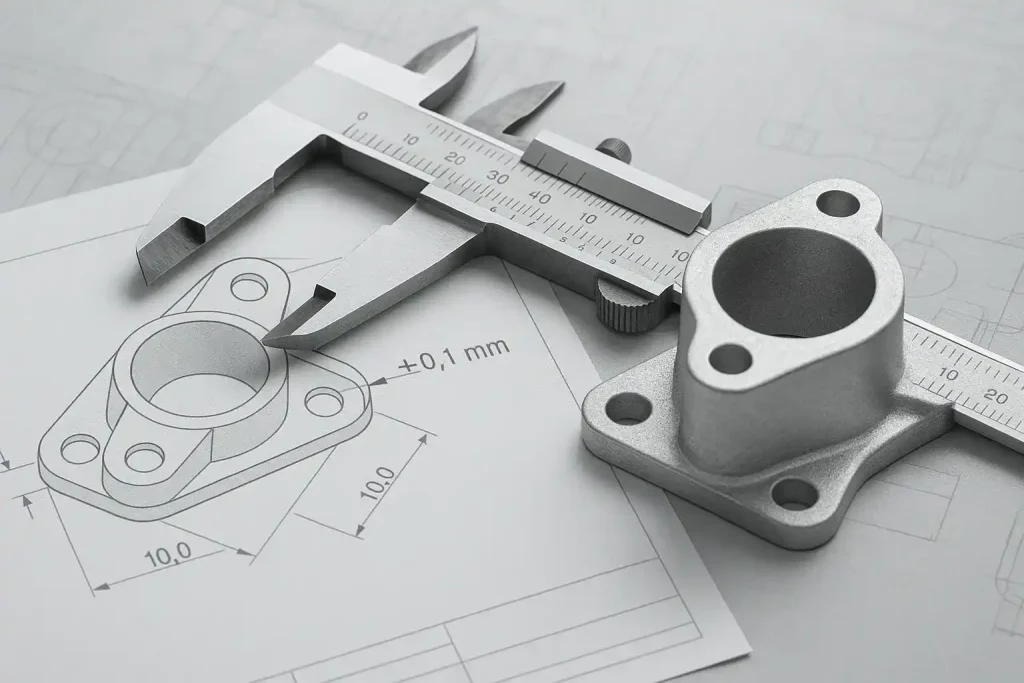 Background image showing aluminum casting part on top of technical drawings with caliper.