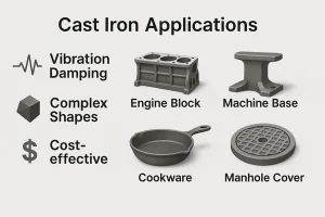 Applications of cast iron in automotive, industrial, water, and infrastructure sectors