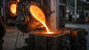 Molten cast iron being poured into a sand mold in a foundry