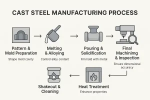 Cast steel manufacturing process infographic – pattern making, melting, pouring, cleaning, and machining