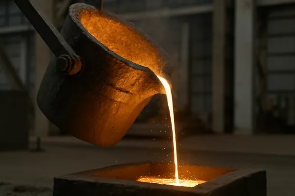 Métal en fusion versé dans un moule en sable lors du processus de moulage
