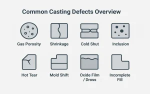Overview diagram of common casting defect types including porosity, shrinkage, cracks, misrun, and inclusions