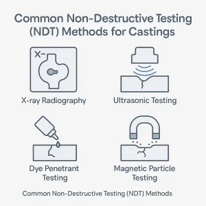 Overview of common non-destructive testing methods for castings including X-ray, ultrasonic, dye penetrant, and magnetic particle testing