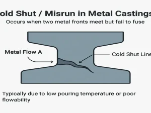 Illustration of a cold shut defect in metal casting caused by incomplete fusion of two metal flows