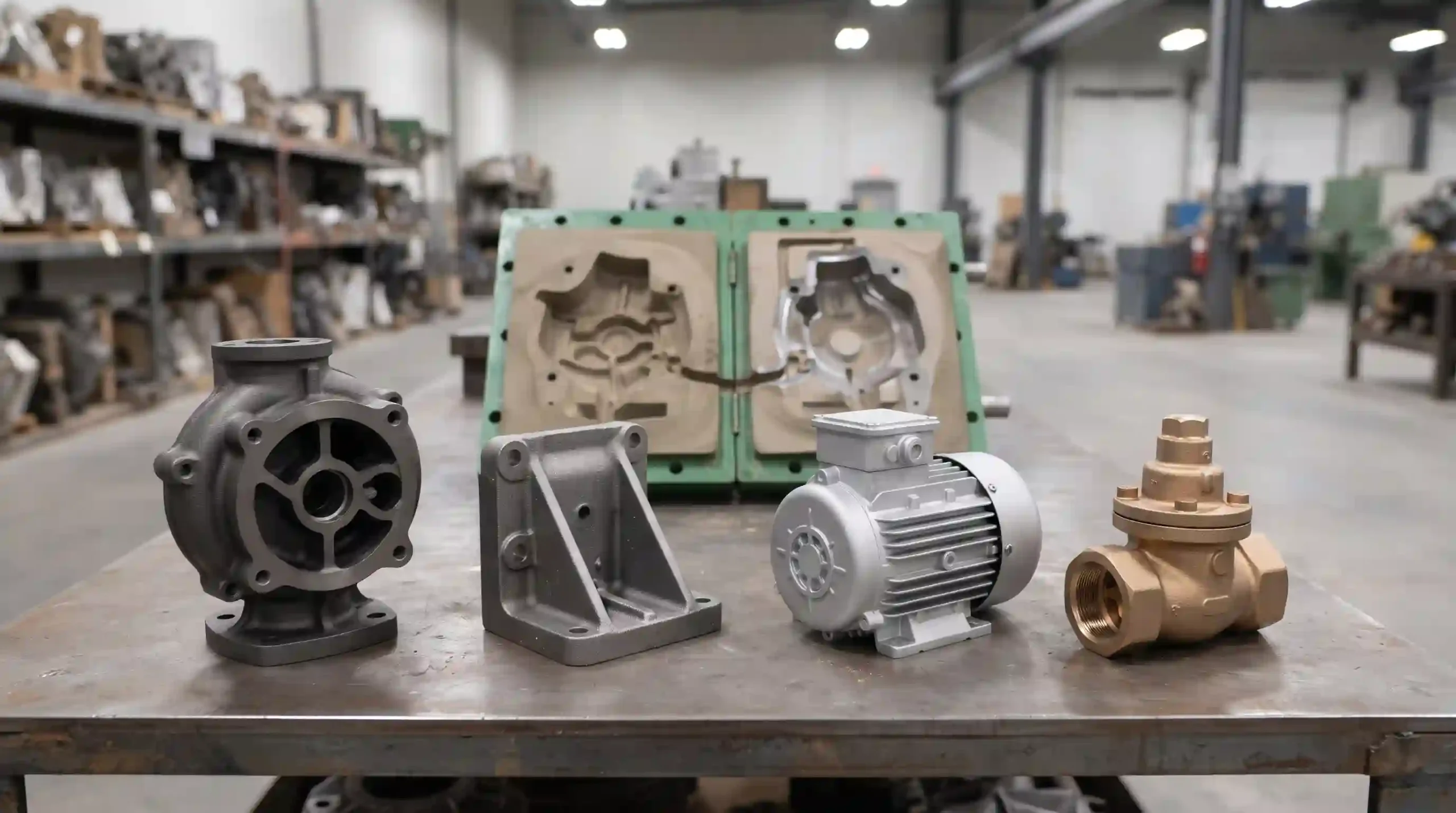 Pumpengehäuse, Halterung, Elektromotor und Ventil vor einer geöffneten Sandform.