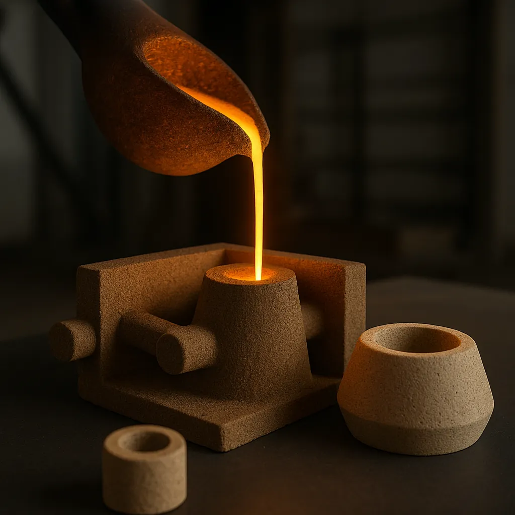 Molten metal being poured into core molds during the sand casting core making process