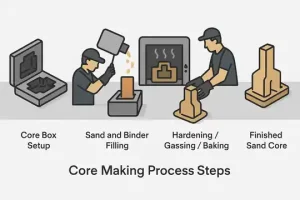 Step-by-step illustration of core making in sand casting, including core box preparation and baking