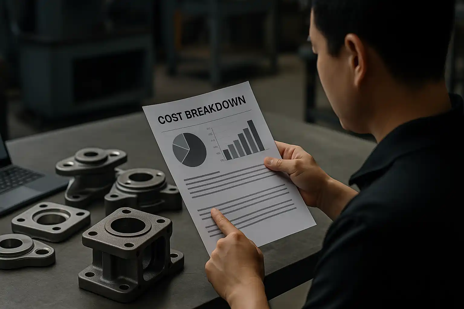 Engineer reviewing metal casting cost breakdown at a workshop table with custom components
