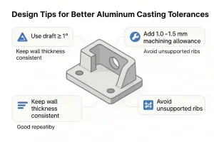 Illustration showing design tips for aluminum casting tolerances, including draft angles, machining allowance, and wall thickness uniformity.