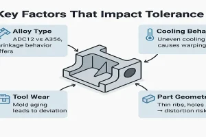 Diagram showing key factors that impact aluminum casting tolerances, including alloy type, cooling behavior, and tooling wear.