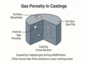 Cross-sectional view of a casting showing internal gas porosity and surface blowholes caused by trapped gas during solidification