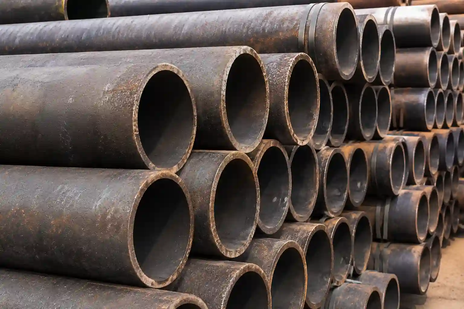 Gray iron and ductile iron cast pipes stacked in an industrial yard