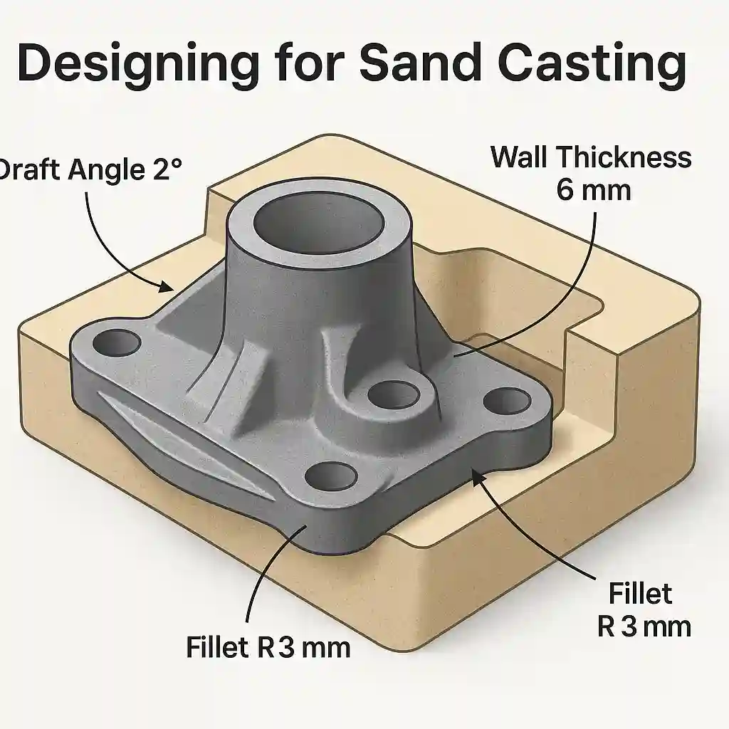 Cross-section view of a sand-cast part showing key design features such as draft angle, wall thickness, and fillet radius