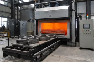 Industrial heat treatment furnace with cast metal parts in a foundry workshop