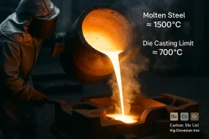 Foundry worker pouring molten steel into a sand mold at high temperature
