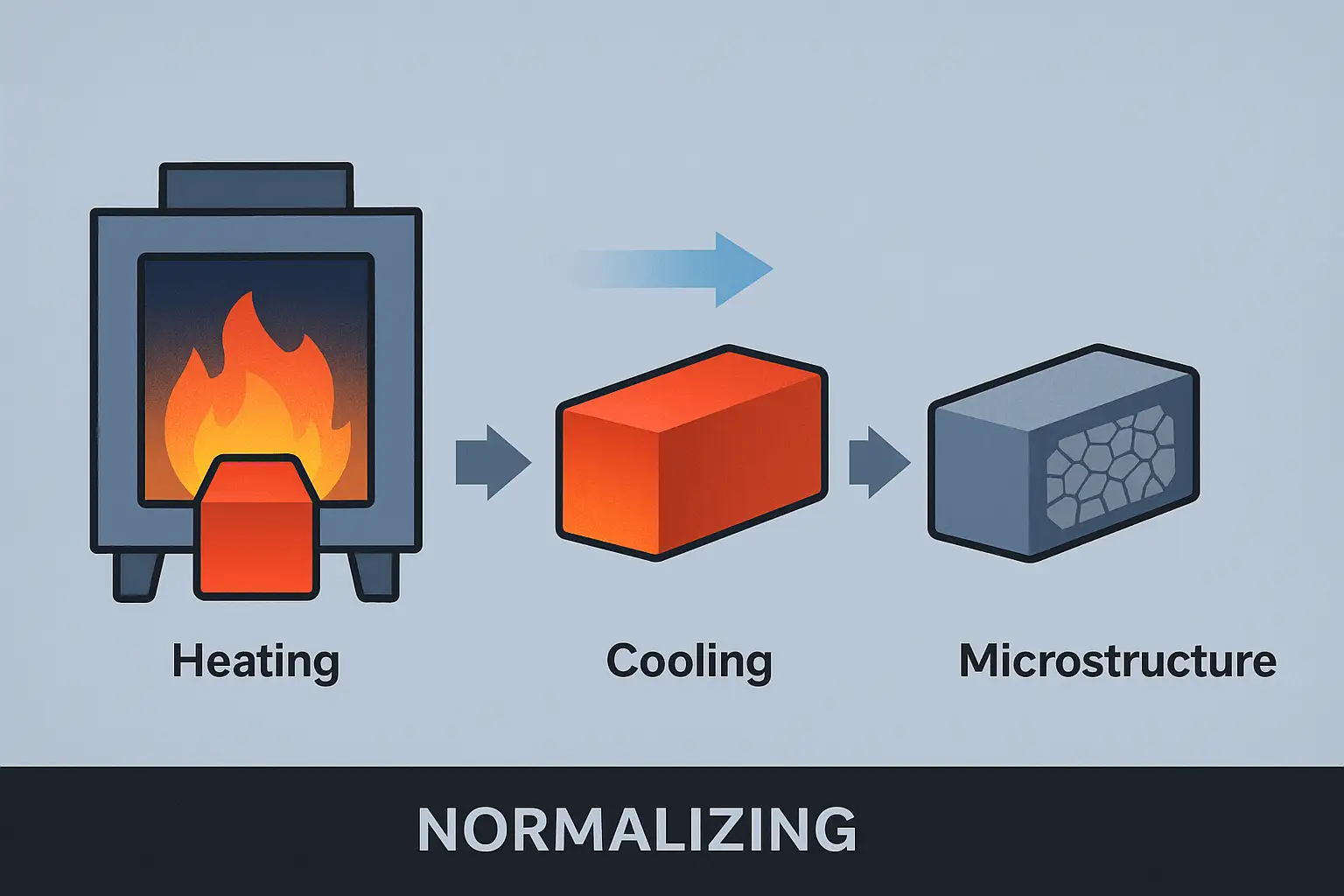 Diagramme du processus de normalisation montrant le chauffage, le trempage et le refroidissement à l'air des composants métalliques