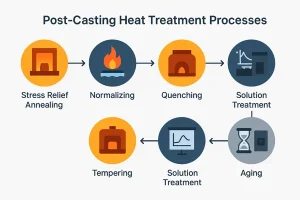 Fluxograma do processo de tratamento térmico pós-fundição, incluindo alívio de tensões, recozimento, normalização, têmpera, revenido e envelhecimento