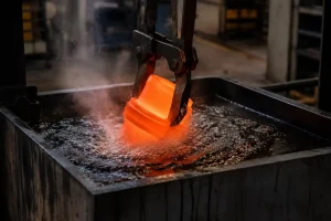 Hot metal casting being quenched in a cooling tank during heat treatment