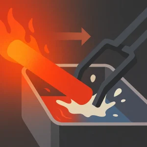 Diagram showing quenching process with rapid cooling of hot metal in liquid