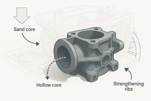 Illustration showing sand casting part with complex geometry, internal cavities, and ribs