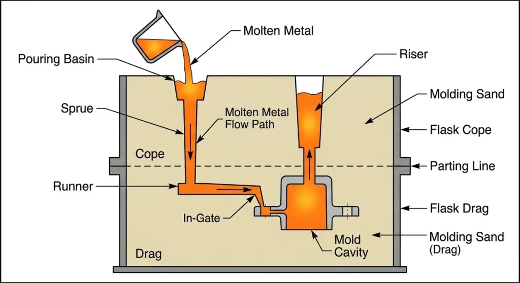 Cross-section diagram of sand casting process showing molten metal flow into the mold cavity