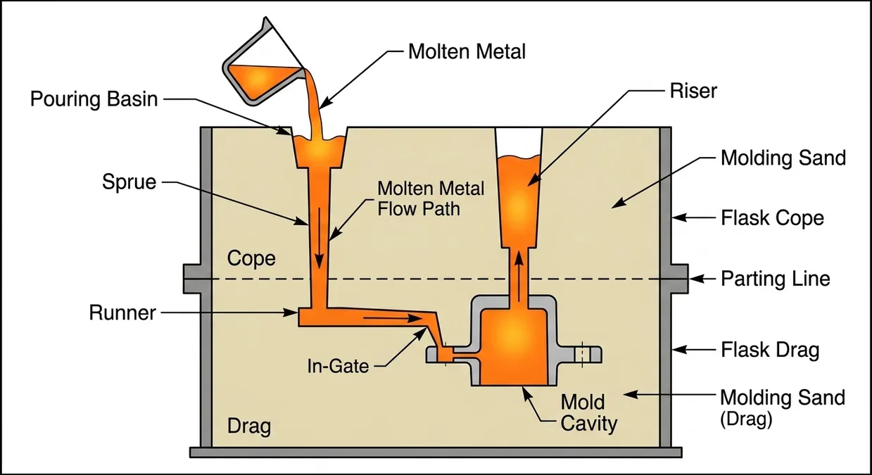 Cross-section diagram of sand casting process showing molten metal flow into the mold cavity