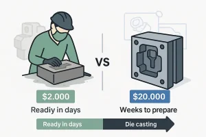 Comparison illustration between sand casting and die casting highlighting cost and production speed differences