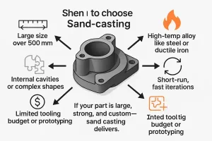 Decision chart showing when to choose sand casting over other methods based on size, material, geometry, and cost.