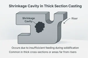 Cross-section of a casting showing shrinkage cavity due to poor riser feeding