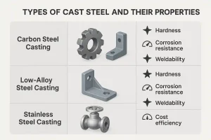 Three types of cast steel with properties comparison: carbon steel, low-alloy steel, stainless steel