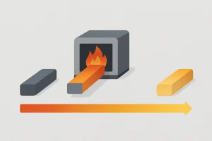 Diagram of the tempering stage in heat treatment, showing reheating and controlled cooling of metal