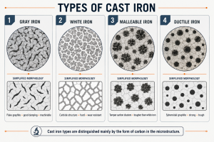 Types of cast iron microstructure comparison showing gray iron, white iron, malleable iron, and ductile iron