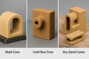 Illustration comparing different types of casting cores: solid core, hollow core, and shell core