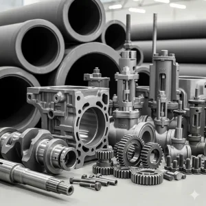 A composite image showcasing various ductile iron applications across industries, including pipes, automotive engine components (crankshaft and cylinder block), valves, gears, and fasteners.