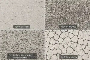 Microstructures of ductile iron, showing ferritic, pearlitic, ferritic-pearlitic (mixed), and austenitic matrices.