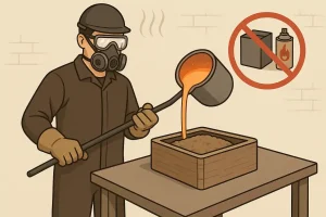 Sand casting safety tips: worker wearing PPE while pouring molten metal with warning about flammable materials