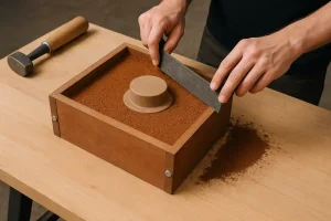 Preparing the drag half of a sand mold by filling with molding sand, compacting it around the pattern, and striking off the surface

