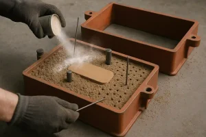 Preparing the cope half of a sand mold with parting powder, sprue and riser pins, and vent holes for gas escape