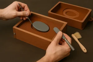 A person uses a draw spike and a trowel to carefully lift and remove a metal pattern from the lower half of a sand casting mold.