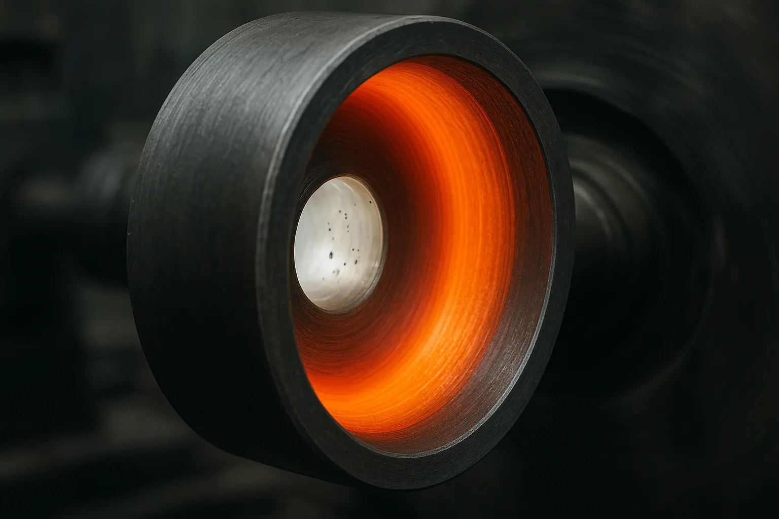 Close-up view of molten metal forming a glowing layer inside a rotating mold during the centrifugal casting process.